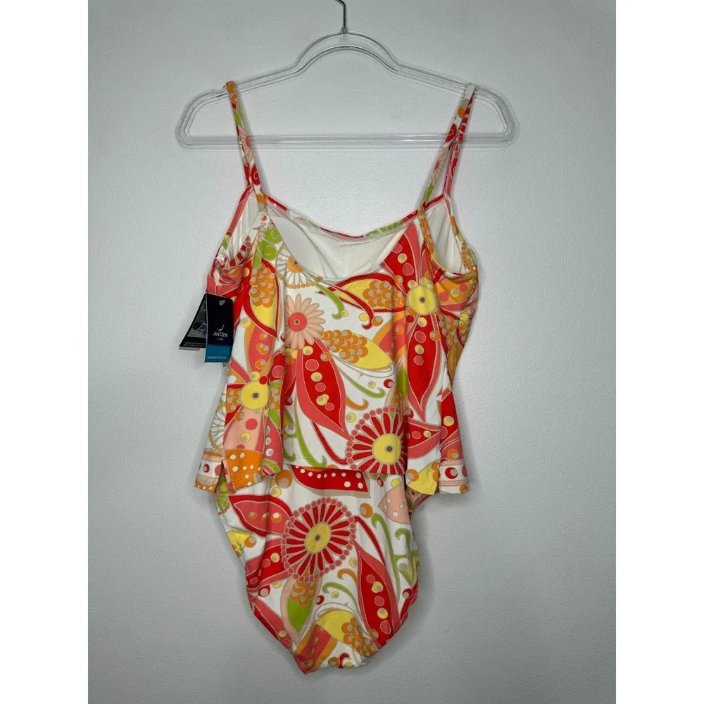Jantzen One Piece‎ Swimsuit Size 14 Floral Artsy Red White Boho